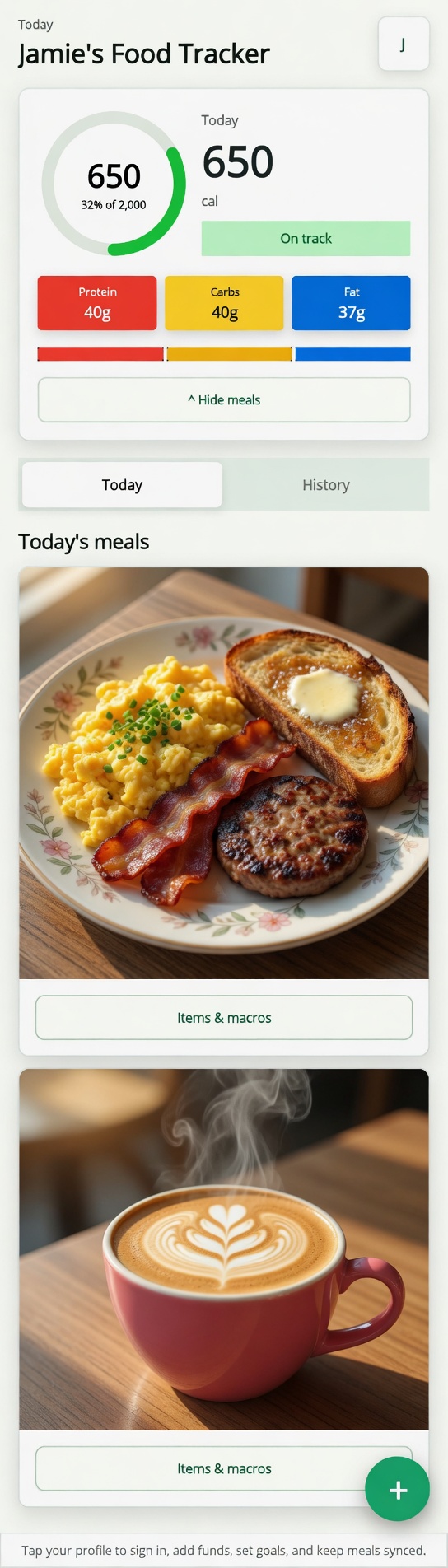 Jamie's Food Tracker app showing daily calories, macro bars, breakfast, and coffee meal cards.
